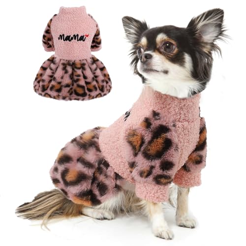 Leopard Hundekleider für kleine Hunde Fleece Hund Pullover Kleid, Warme Hund Winterkleidung, weiche dehnbare Welpenkleidung, extra kleine Haustier-Outfit, Yorkie Chihuahua Kleidung weiblich, Rosa, von Furrymong