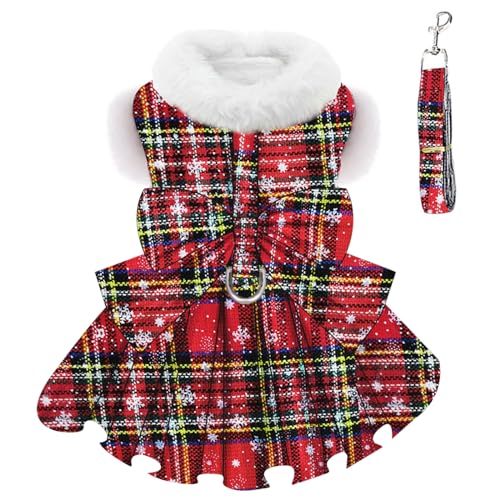 Weihnachtspulloverkleid für Hunde mit Geschirr und Leine, Set aus warmem, weichem Fleece, kariert, Hundekleidung für kleine Hunde, Mädchen, Haustiere, Hunde, Weihnachtsanzug, Winter, Weihnachtskleid, von Furrymong