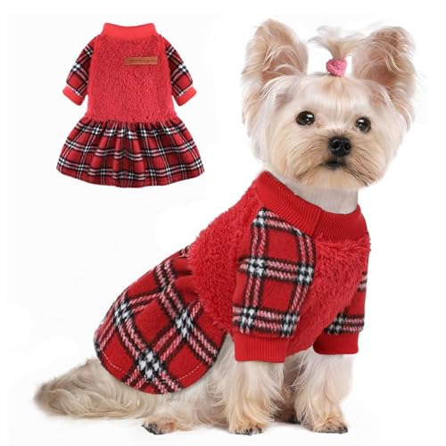 Winter Warme Hundekleider für kleine Hunde Fleece Hund Pullover Kleid Weich Dehnbar Haustier Hund Pullover Welpen Kleidung Katze Kleidung für kaltes Wetter (Rotes Plaid, X-Small) von Furrymong