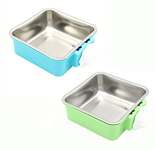 Fuwok 2-in-1 abnehmbarer Hundenapf für Hundekäfige, Welpenfutter, Wassernapf mit Bolzenhalter, Edelstahl, Haustier-Hängeschale, Futter-Wassernapf, 2 Stück/Set (groß, quadratisch, blau und grün) von Fuwok