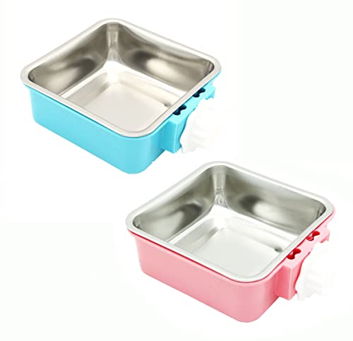 Fuwok 2-in-1 abnehmbarer Hundenapf für Hundekäfige, Welpenfutter, Wassernapf mit Bolzenhalter, Edelstahl, Haustier-Hängeschale, Futter-Wassernapf, 2 Stück/Set (groß, quadratisch, blau und pink) von Fuwok