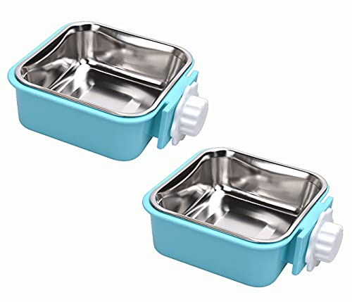 Fuwok 2-in-1 abnehmbarer Hundenapf für Kisten, Welpenfutter, Wassernapf mit Bolzenhalter, Edelstahl, Haustier-Hängeschale, Futter-Wassernapf, 2 Stück/Set (groß, quadratisch, blau) von Fuwok