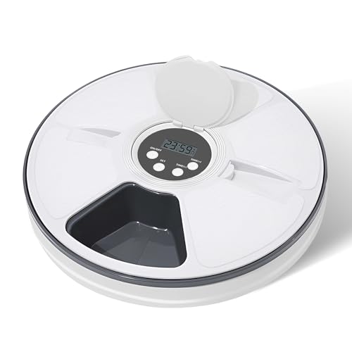 Automatischer Katzenfutterspender Nassfutter/Trockenfutter, 6 Mahlzeiten Timed Pet Feeder Leicht Programmierbar & Leicht zu Reinigen, Auto Feeder für Katzen/Kleine Hunde von Fuxopo