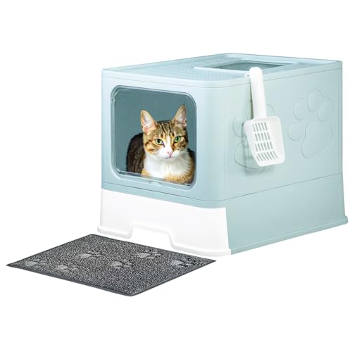 Upgrade Katzentoilette, Top Entry Katzentoilette mit Deckel, Anti-Splshing Cat Kitty Katzentoilette mit Schaufel und Matte, einfache Reinigung von Fuxopo