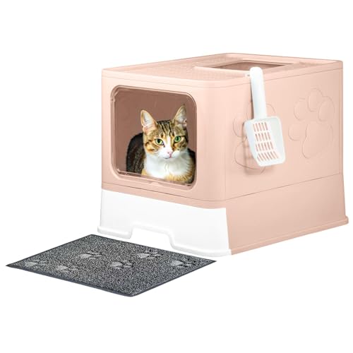 Upgrade Katzentoilette mit Deckel, kein Auslaufen, Katzentoilette mit Katzentoilette und Schaufel, Vordereingang oben Ausgang Katzentoilette mit Deckel, einfache Reinigung, Katzentoilette (Rosa) von Fuxopo