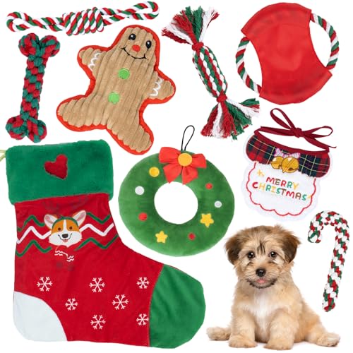 FuzzFables 9 Pcs Weihnachten Hundespielzeug Set, unzerstörbar Seil Zahnen Haustier Spielzeug, interaktive quietschende Spielzeug für Welpen, sicher kauen Spielzeug Geschenke, Hund Tug für Langeweile von FuzzFables