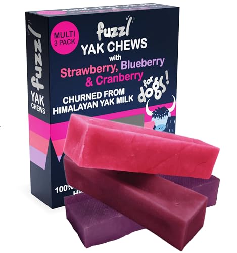 Fuzzl Premium Yak Kaukäse für Hunde 3 Pack Erdbeere, Blaubeere, Cranberry Natürliche Hundeleckerli mit Himalaya Yak Milch Yak Kauartikel ohne Verstecken, Hundefutter von Fuzzl