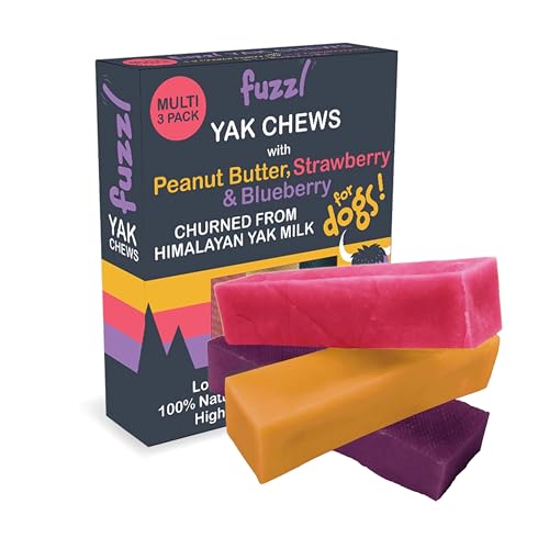 Fuzzl Premium Yak Kaukäse für Hunde 3 Pack Erdnussbutter, Erdbeere, Blaubeere Natürliche Hundeleckerli mit Himalaya Yak Milch Yak Kauartikel ohne Verstecken, Hundefutter von Fuzzl