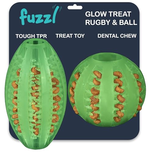 Fuzzl Super Glow Hundeball und Rugby-Leckerli- und Zahnspielzeug – Kauspielzeug für Hunde und Welpen, leuchtet im Dunkeln, robustes Kauspielzeug aus TPR für aggressive Kauer von Fuzzl