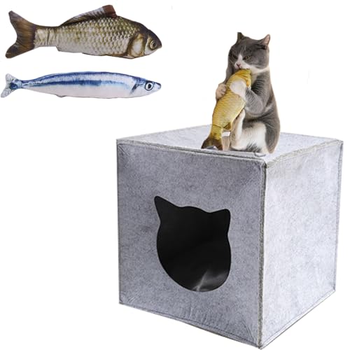 Fycooler Kattenmand incl Speelgoed - Opvouwbare Kattenmand om te Slapen,te verstoppen,te spelen en te krabben 33x33x37cm,für IKEA & Kallax Regale mit Fischspielzeug, Spielzeug mit Katzenminze von Fycooler