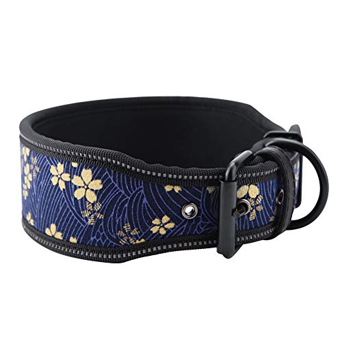 Fydun Nylon-Hundehalsband mit Verstellbarer Reflektierender Schnalle und Weicher Polsterung, Marineblaue Blumen, S, für Familien (L) von Fydun