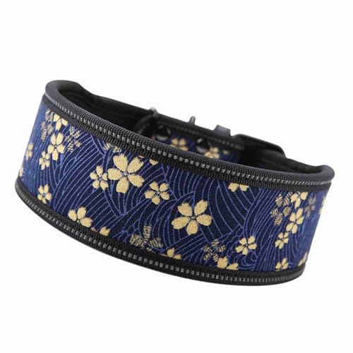 Fydun Nylon-Hundehalsband mit Verstellbarer Reflektierender Schnalle und Weicher Polsterung, Marineblaue Blumen, S, für Familien (S) von Fydun