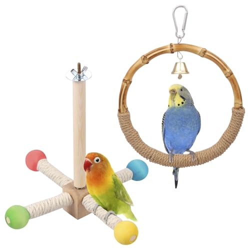 2 Stück Wellensittich Spielzeug Vogelspielzeug für Wellensittiche mit Kleine Glocke Natürliches Bambus Hanfseil Wellensittich Zubehör für Hilft Vögel Bleiben Aktiv Interaktiv von Fyeme