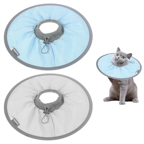 2pcs Halskrause Katze mit Verstellbarer Aufrollschnur Katzen Halskrause Kegelkragen mit Reflektierendem Katzenkragen Leckschutz Weich für Postoperative Mittelgroße Kleine Katzen (Grau+Blau, 29cm) von Fyeme