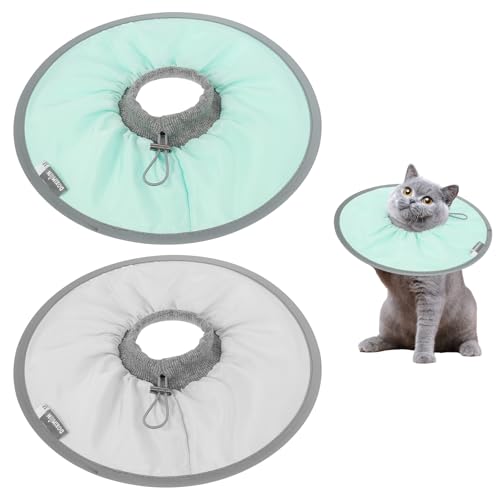 2pcs Halskrause Katze mit Verstellbarer Aufrollschnur Katzen Halskrause Kegelkragen mit Reflektierendem Katzenkragen Leckschutz Weich für Postoperative Mittelgroße Kleine Katzen (Grau+Grün, 29cm) von Fyeme