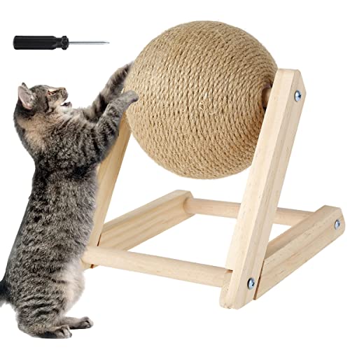 Fyeme Katze Kratzkugel natürlicher Sisal -Katzenkratzerspielzeug mit Catnip Interactive Massive Holzkratzerkugel 7x7x6,3 Zoll Katzenkratzpfosten mit rotbar(L -Typ Katze, die Trompete greifen) von Fyeme