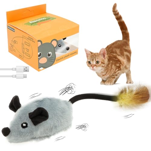 Fyeme Katzenspielzeug Elektrisch Spielmaus mit Federschwanz Katzenspielzeug Maus Elektrisch mit LED Licht USB Realistische Mausgeräusche Interaktive Spielzeug Maus für Katze (Grau) von Fyeme