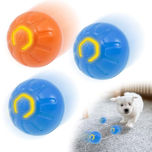 Hundespielzeug Ball Elektrisch Magic Ball Hund USB Aufladung Dynamische Beleuchtung Intelligente Hindernisvermeidung Interaktives Hundespielzeug für Große Mittelgroße Kleine Hunde (Orange + 2Blau) von Fyeme