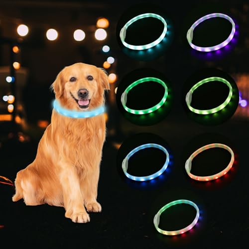 Leuchthalsband Hund LED Hundehalsband Leuchtend mit 7 Farbwechsel 9 Leuchtmodi 1h Ladezeit 8h Akkulaufzeit Wasserdicht Silikon Leuchthalsband Hunde für Camping Outdoor Einsatz von Fyeme