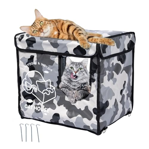 Katzenhaus für den Außenbereich mit zweiseitiger Fluchttür, isoliert und wasserdicht, für den Außenbereich, wetterfest, Wildkatzenunterstand für den Winter, Oxford-Tuch (Camouflage, S) von G2 GO2GETHER