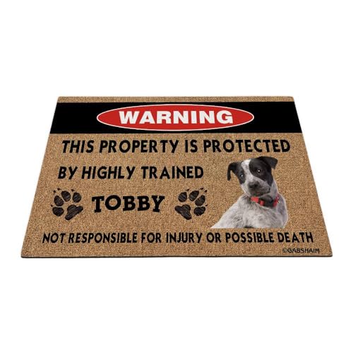 GABSHAIM Fußmatte mit Aufschrift "This Property is Protected by Highly Trained Dog", personalisierbar, Warn-Bodenmatte für Hundeliebhaber, 60 x 40 cm, Blau von GABSHAIM