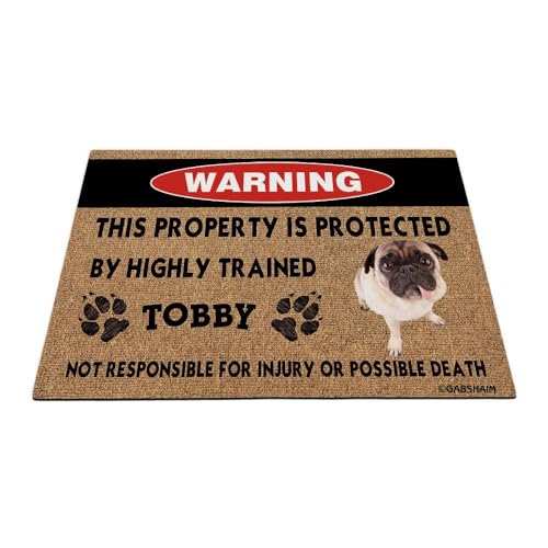 GABSHAIM Fußmatte mit lustigem Mops-Motiv "This Property is Protected by Highly Trained Dog", Warnung, personalisierte Bodenmatte für Hundeliebhaber, 89,9 x 60,9 cm von GABSHAIM