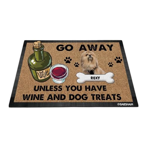 GABSHAIM Lustige Lhasa Apso Fußmatte mit Hundemotiv, personalisierbar, Aufschrift "Go Away Unless You Have Dog Treats", Bodenmatte für Eingangstür, 60 x 40 cm von GABSHAIM