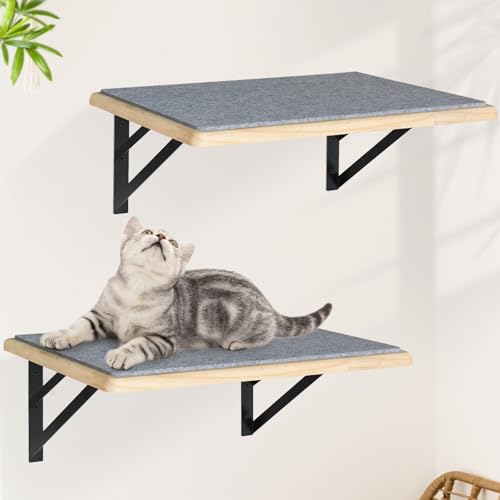 Katzen-Wandregale 2er Set, Holz Katzenregale für Wand, Katzenwandbett Hängematte mit Kratzpad, Katzenkletterregal zum Schlafen Spielen, Katzenfensterstange für große Katzen, Burlywood Katzenmöbel von GADKE