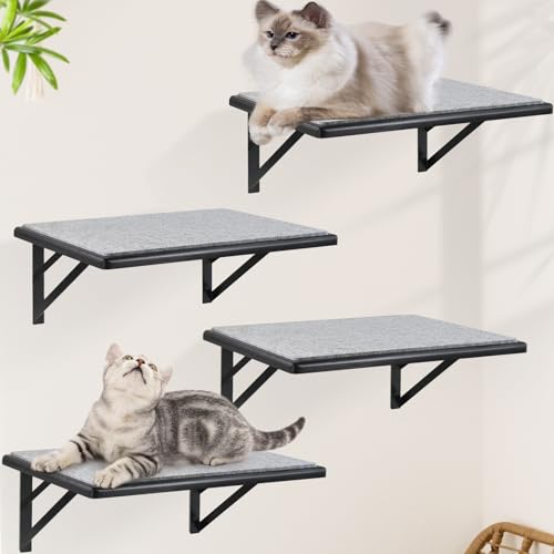 Katzen-Wandregale 4er Set, Holz Katzenregale für Wand, Katzenwandbett Hängematte mit Kratzpad, Katzenkletterregal zum Schlafen Spielen, Katzenfensterstange für große Katzen, Schwarze Katzenmöbel für von GADKE