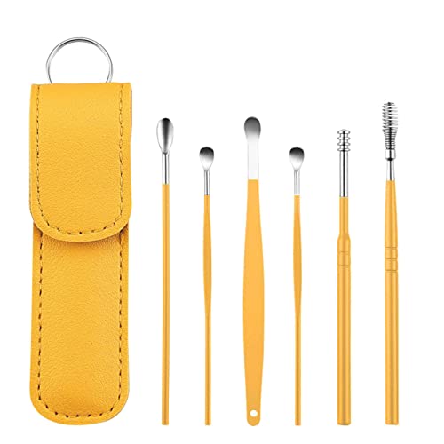 Ohrduschen Edelstahl-Ohrpflücker 6-teiliges Set für Kinder und Erwachsene Ohrpflücker Ohrpflücker-Set Werkzeugreiniger Mittel Gegen Ohrmilben Katze (Yellow, One Size) von GADXE