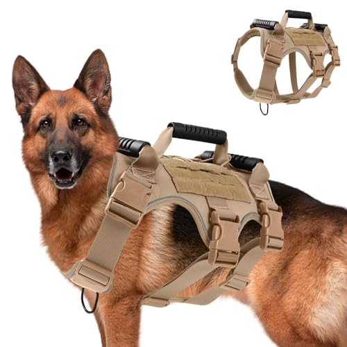 GAESHOW Taktisches Hundegeschirr mit Griff, Verstellbare Sicherheitsgeschirr, No Pull Hundegeschirr Grosse Hunde, Reflektierende Hundegeschirrweste für Mittelgroße Große Hunde (Khaki, L) von GAESHOW