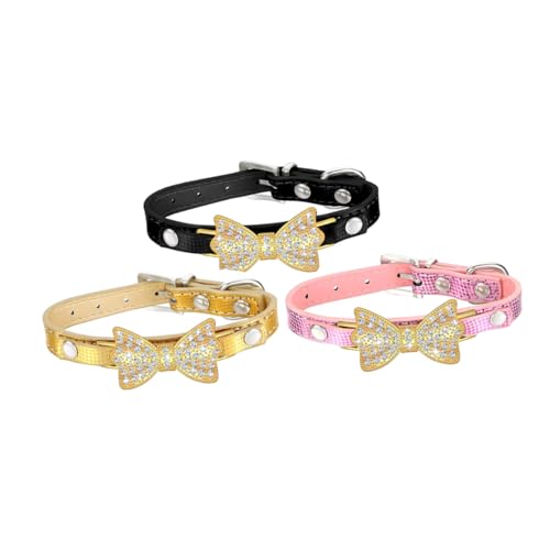 GALPADA 3Stücke Zartes Haustierhalsband Mit Strassbogen Und Bogen Knoten Für Hunde Und Katzen PU Material Mischfarben S Stilvolles Und Elegantes Design von GALPADA