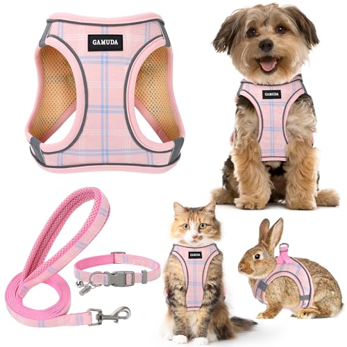 GAMUDA Hundegeschirr für kleine Hunde, Halsband und Leine, kein Ziehen, weiches Netzgewebe, verstellbar, kariert, reflektierend, für Hunde, Welpen, Katzen, Kätzchen, Kaninchen (Rosa, XXXS) von GAMUDA