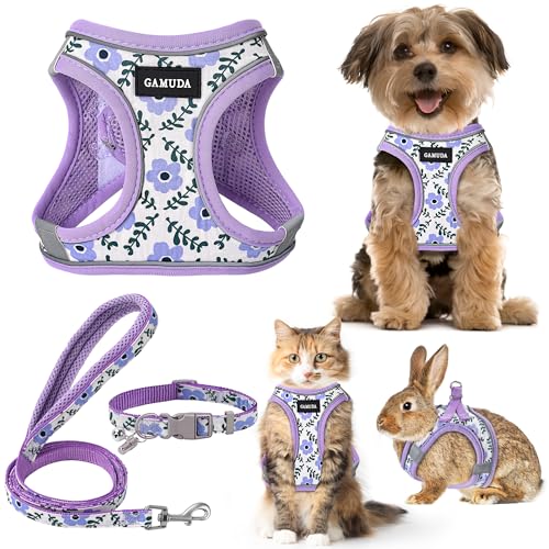 GAMUDA Hundegeschirr für kleine Haustiere, Halsband und Leine, kein Ziehen, weiches Netzgewebe, verstellbar, kariert, reflektierend, für Hunde, Welpen, Katzen, Kätzchen, Kaninchen (Violette Blume, von GAMUDA