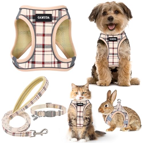 GAMUDA Hundegeschirr für kleine Hunde, Halsband und Leine, kein Ziehen, weiches Netzgewebe, verstellbar, kariert, reflektierend, für Hunde, Welpen, Katzen, Kätzchen, Kaninchen (Beige, XS) von GAMUDA