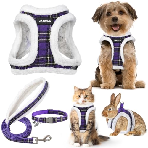 GAMUDA Set aus Halsband und Leine für kleine Haustiere, kein Einsteigen, kein Ziehen, weiches Netz, verstellbar, kariert, reflektierend, für Hunde, Welpen und Katzen, Outdoor-Training (warmes Lila, von GAMUDA