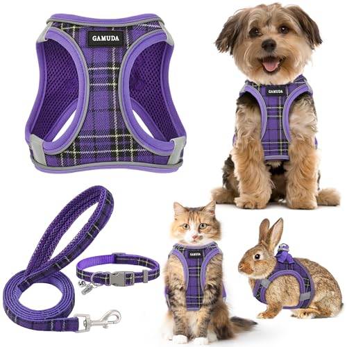 GAMUDA Set aus Halsband und Leine für kleine Haustiere, kein Einsteigen, kein Ziehen, weiches Netz, verstellbar, kariert, reflektierend, für Hunde, Welpen und Katzen, Outdoor-Training und Laufen von GAMUDA