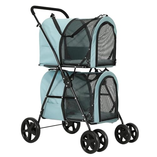 Hundewagen Hunde Kinderwagen Doppelter Haustier-Kinderwagen Für Kleine Und Mittelgroße Hunde, Hunde- Und Katzen-Kinderwagen, 2 Abnehmbare Träger, 4 Feststellbare Räder, Zusammenklappbarer Wagen Hundeb von GAOJUNAN