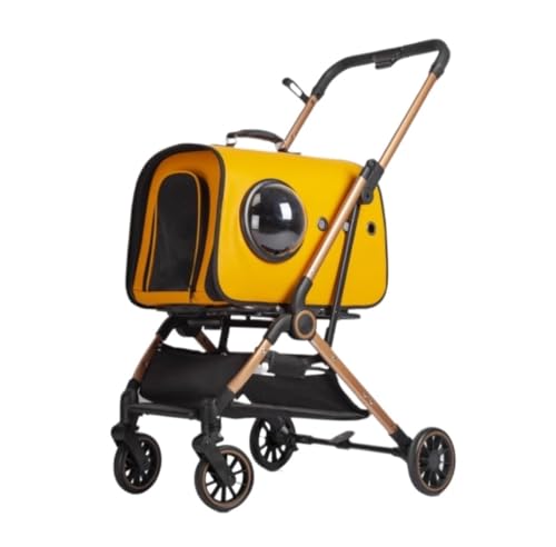 Hundewagen Hunde Kinderwagen Faltbarer Haustier-Kinderwagen, 3-in-1-Hundewagen Mit Abnehmbarer Raumtasche Und Aufbewahrungskorb, 4 Räder Für Hunde Und Katzen Hundebuggy Hunderollstuhl(Yellow) von GAOJUNAN