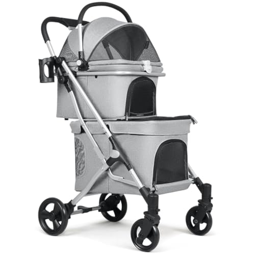 Hundewagen Hunde Kinderwagen Zusammenklappbarer Reise-Doppel-Haustier-Kinderwagen Für 2 Hunde Und Katzen, 4-Rad-Hundewagen Mit Abnehmbarem Träger Für Katzen Und Hunde Hundebuggy Hunderollstuhl(Grey) von GAOJUNAN