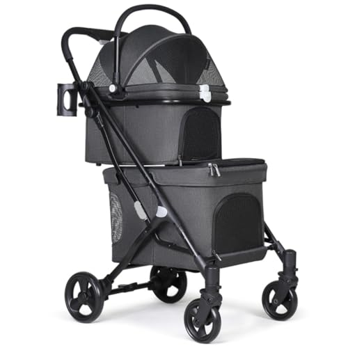 Hundewagen Hunde Kinderwagen Zusammenklappbarer Reise-Doppel-Haustier-Kinderwagen Für 2 Hunde Und Katzen, 4-Rad-Hundewagen Mit Abnehmbarem Träger Für Katzen Und Hunde Hundebuggy Hunderollstuhl(Black) von GAOJUNAN