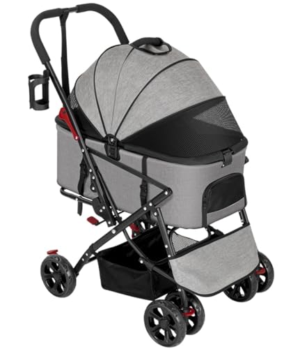 Hundewagen Hunde Kinderwagen Zusammenklappbarer Reise-Haustier-Kinderwagen Mit Aufbewahrungskorb, Hunde-Kinderwagen Mit Abnehmbarem Träger Für Kleine Katzen Und Hunde Hundebuggy Hunderollstuhl(Grey) von GAOJUNAN