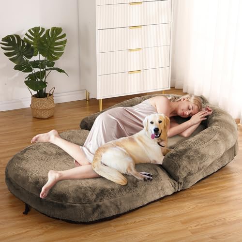 GAOMON Hundebett für Erwachsene, faltbar, für Erwachsene, 180,3 x 109,2 x 25,4 cm, riesiges Hundebett mit waschbarem Kunstfellbezug, passend für Sie und Haustiere, für Nickerchen, Braun von GAOMON