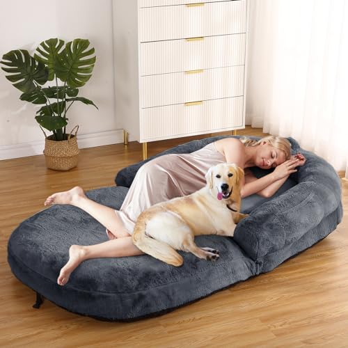 GAOMON Hundebett für Erwachsene, faltbar, für Erwachsene, 180,3 x 109,2 x 25,4 cm, riesiges Hundebett mit waschbarem Kunstfellbezug, passend für Sie und Haustiere, für Nickerchen, Dunkelgrau von GAOMON