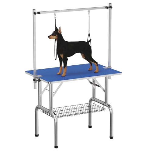 GAOMON Professioneller Fellpflegetisch für Hunde, 91,4 cm, robust, verstellbar, mit Überkopfarm, Zwei Netzschalen, Blau von GAOMON