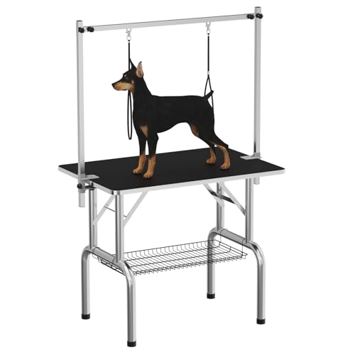 GAOMON Professioneller Fellpflegetisch für Hunde, 91,4 cm, robust, verstellbar, mit Überkopfarm, Zwei Netzschalen, Schwarz von GAOMON