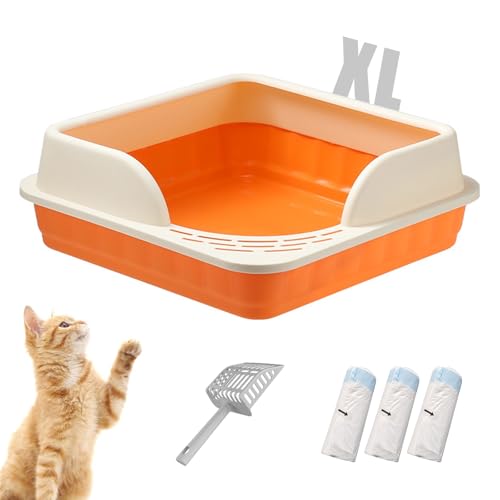 XL Katzentoilette - High Sided Katzentoilette, große Katzentoilette, Indoor-Katzentoilette, Haustier-Toilettenzubehör, Antihaftbeschichtung, leicht zu reinigen Orange,XL von GAORUTO