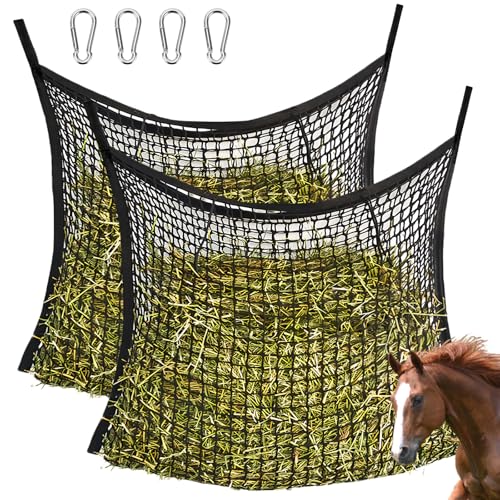 2 Pcs Heunetz für Pferde: 60 x 90cm Farming Heunetz, Heunetz Mesh, Pferdeheunetz mit 4 Karabinerhaken, Futternetz für 8kg Heu, Heutasche, Heusack Fütterungszeit kann Verlängert Werden für Pferde von GAOUTO