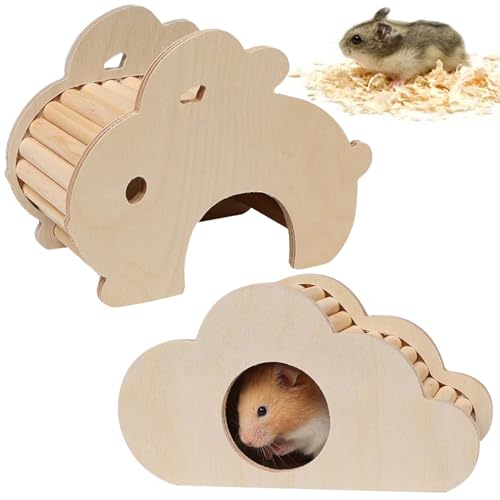 GAOUTO 2 Stück Hamster Haus aus Holz, Meerschweinchen Haus, Hamster Eckhaus, Hamster Spielzeug, Hamster Versteck Käfig Dekor Zubehör für Rennmäuse (Kaninchenform + Wolkenform) von GAOUTO