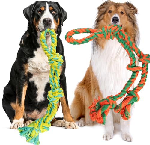 Hundeseilspielzeug für große und mittelgroße aggressive Kauer, 2 nahezu unzerstörbare Hundekauspielzeuge, robustes Hundespielzeugseil für große Rassen, 100 % natürliche Baumwolle zur Zahnreinigung von GASAPET